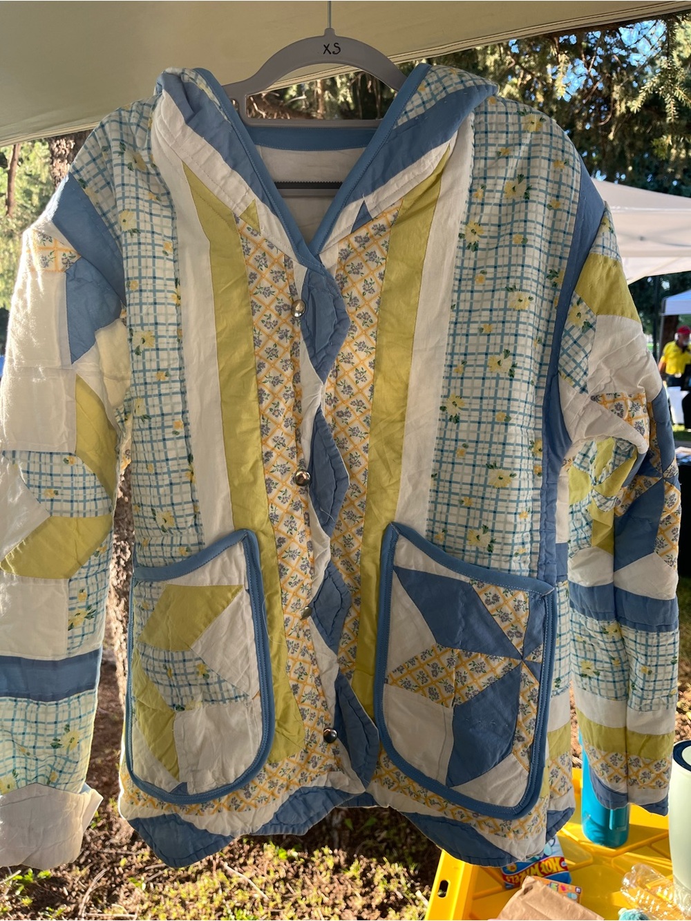 Quilted Patchwork Hooded Jacket - Blue, Yellow & White